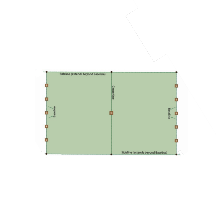 Kubb pitch layout showing corner stakes, sidelines, baselines, centerline, king and five base kubbs per side