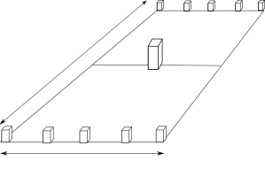 Perspective drawing of a kubb pitch with base kubbs on each baseline and the king in the center